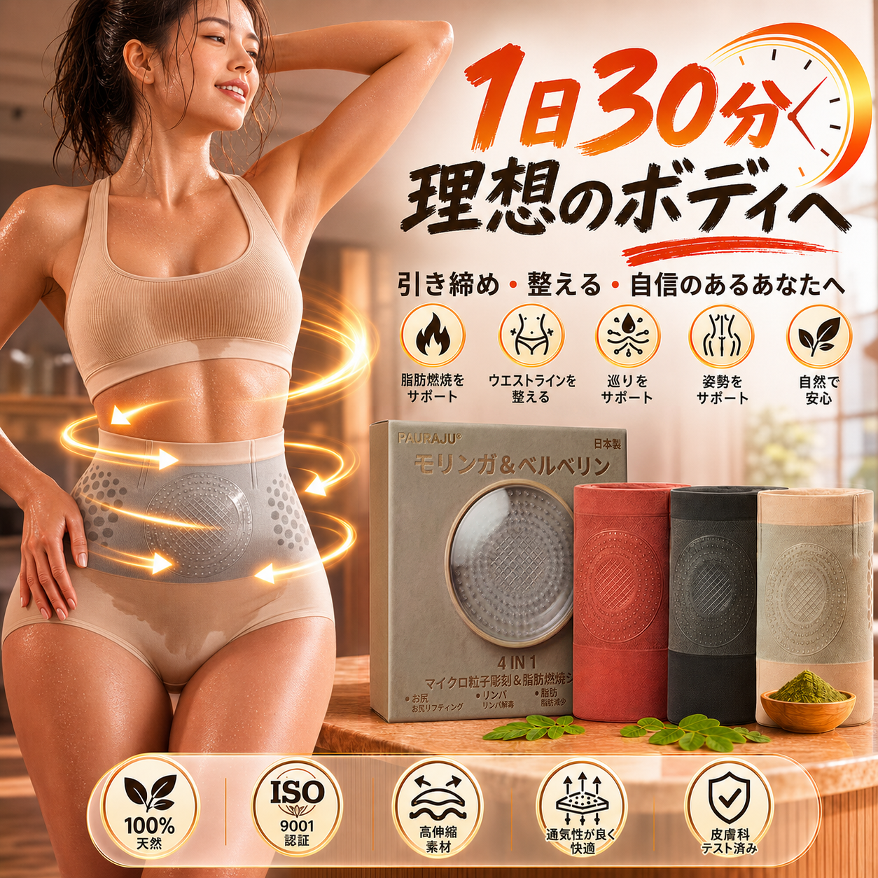 公式ブランドショップ | 💧💧🎁𝐏𝐀𝐔𝐑𝐀𝐉𝐔® 2026 モリンガ＆ベルベリン 4-in-1 マイクロ粒子ボディスカルプト＆脂肪燃焼ショートパンツ